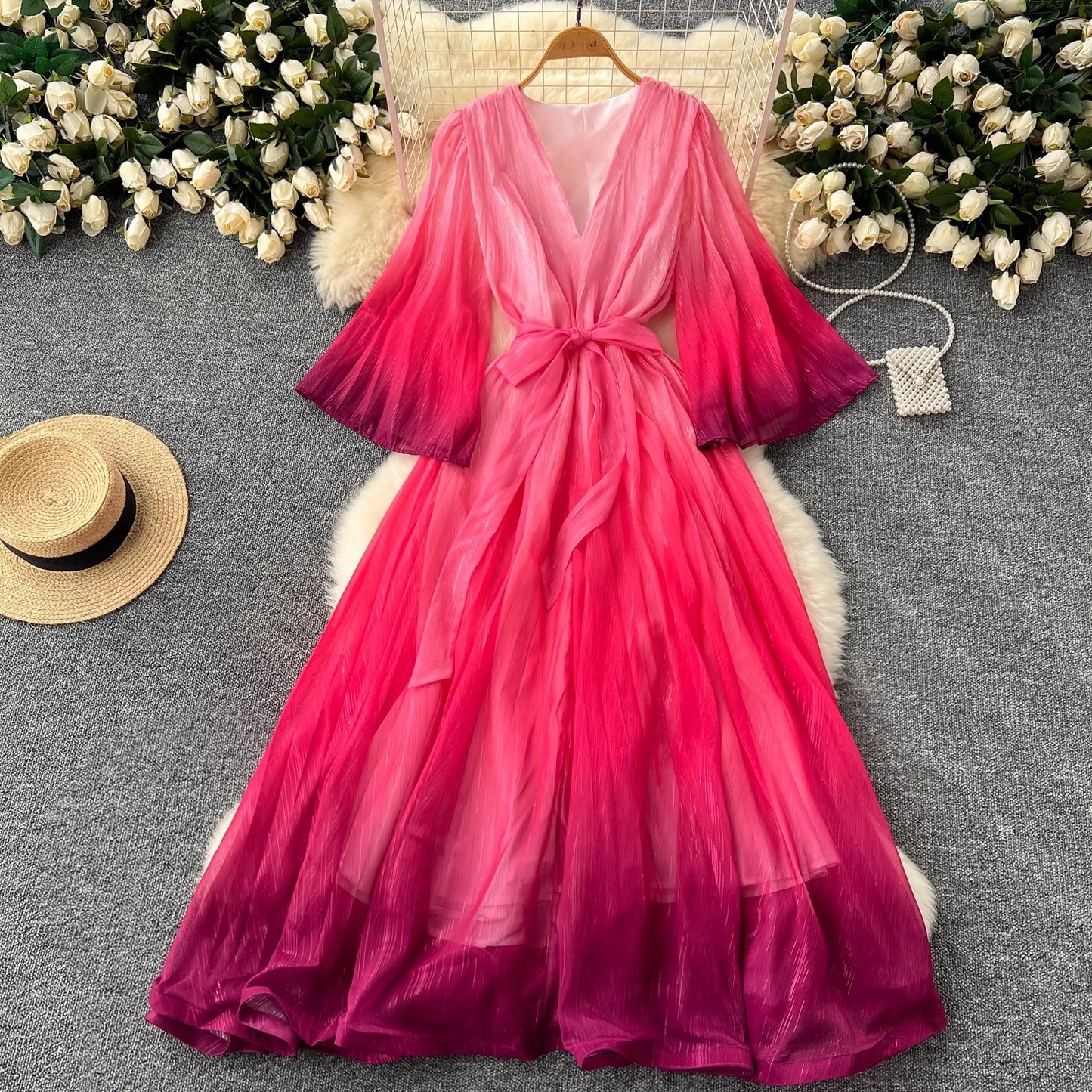Waist Trimming Lace Up Loose V-neck Flared Sleeves Gradient Color Dress