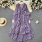 Fashion Solid Color And V-neck Ruffled Flared Sleeve Dress
