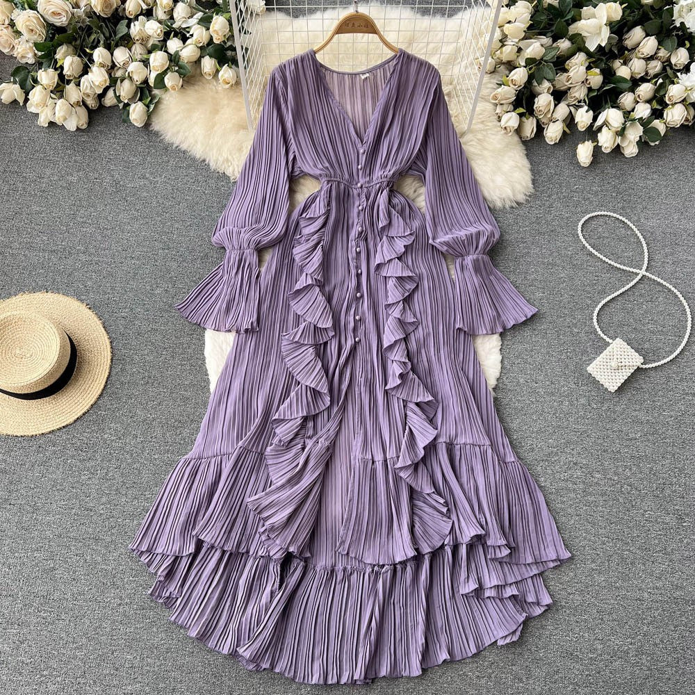Fashion Solid Color And V-neck Ruffled Flared Sleeve Dress