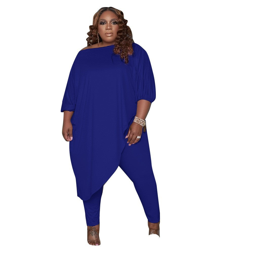 Large Size European And American Women's Clothing Cross-border Selling Spot Loose Solid Color Shoulder Two-piece Set Spring And Autumn