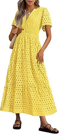 V-neck Hollow Pleated Short Sleeves Long Dress