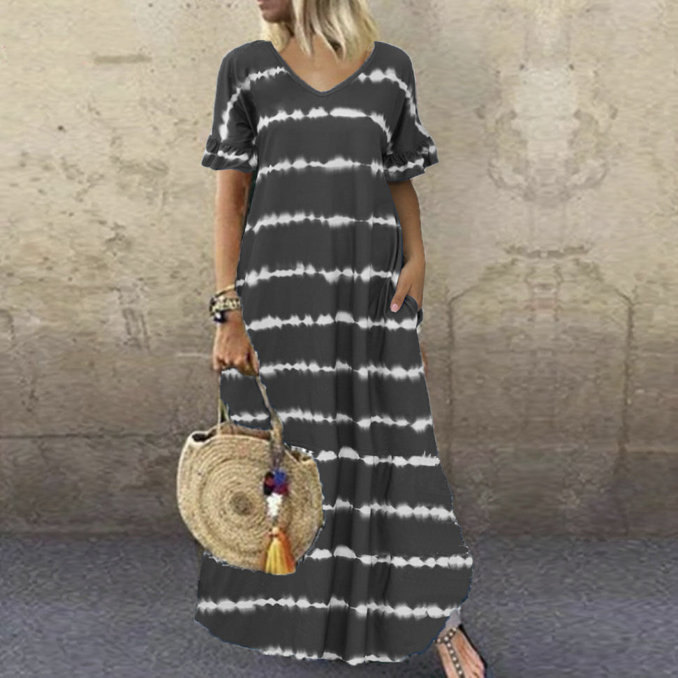 V-neck Ruffled Sleeve Striped Print Dress