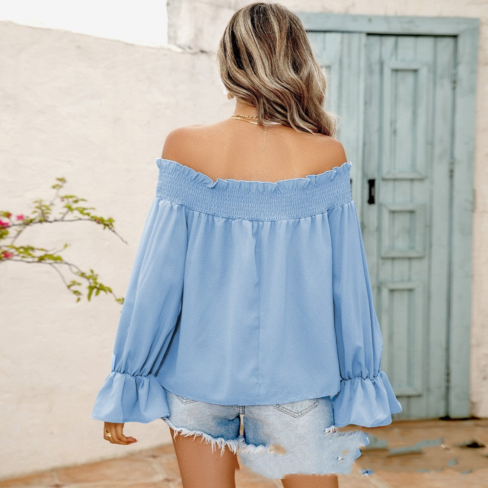 Off-shoulder Bell Sleeve Solid Color Chiffon Women's Top