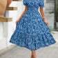 Printed Square Collar Waist-tight Puff Sleeve Layered Dress
