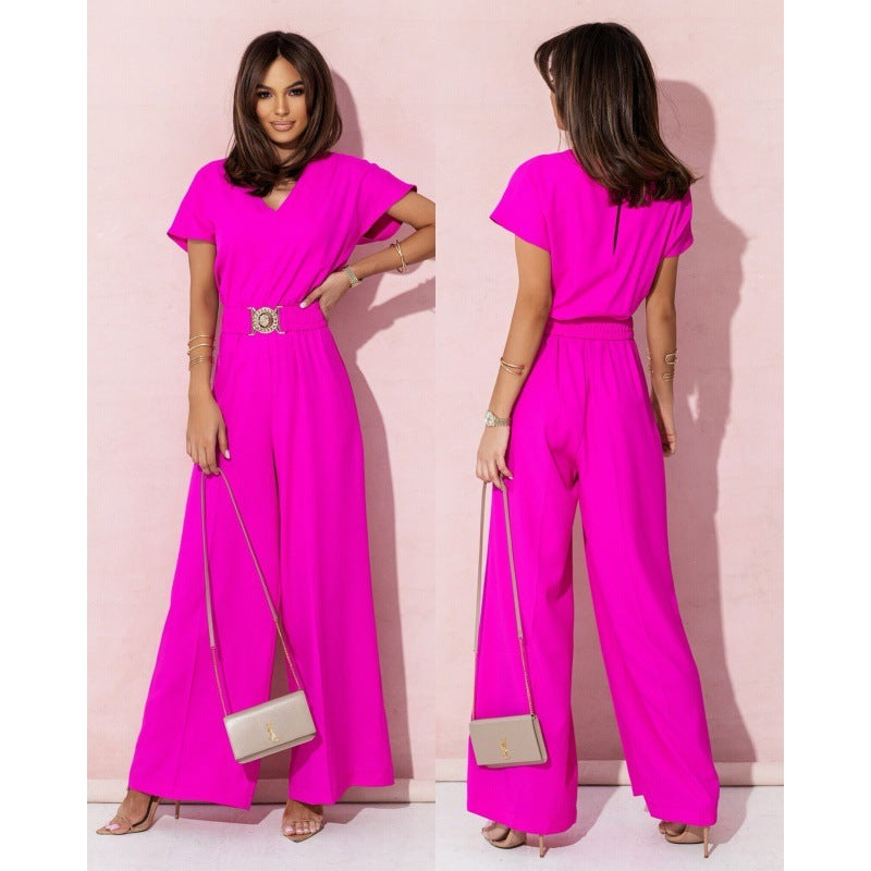 Solid Color And V-neck Waist Trimming Short-sleeved Casual Trousers Jumpsuit