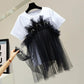 Mid-length Short-sleeved T-shirt Loose Slimming Contrast Color Beaded Bowknot Top