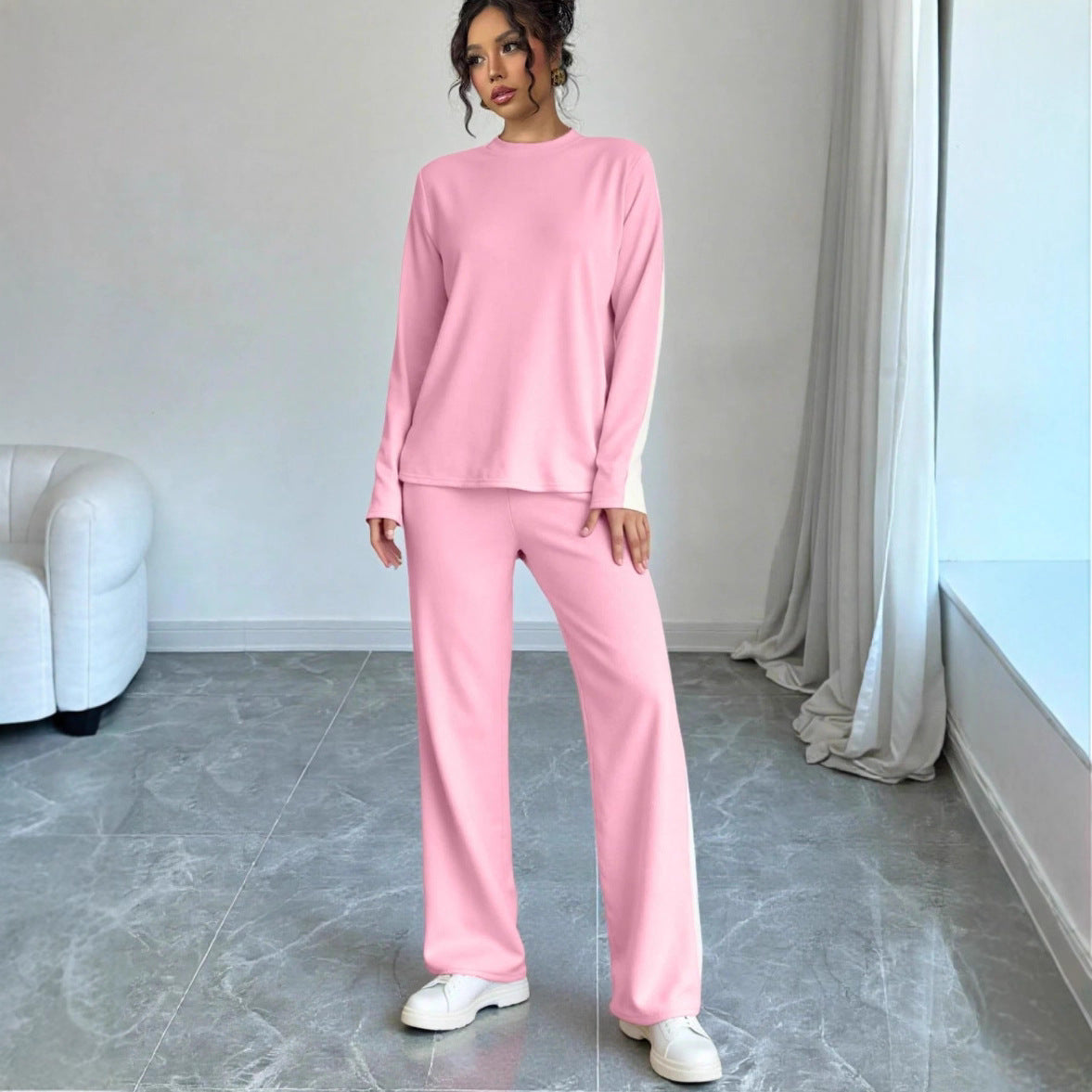 Trousers Suit European And American Autumn And Winter Women Color Contrast Patchwork Fashion Two-piece Suit