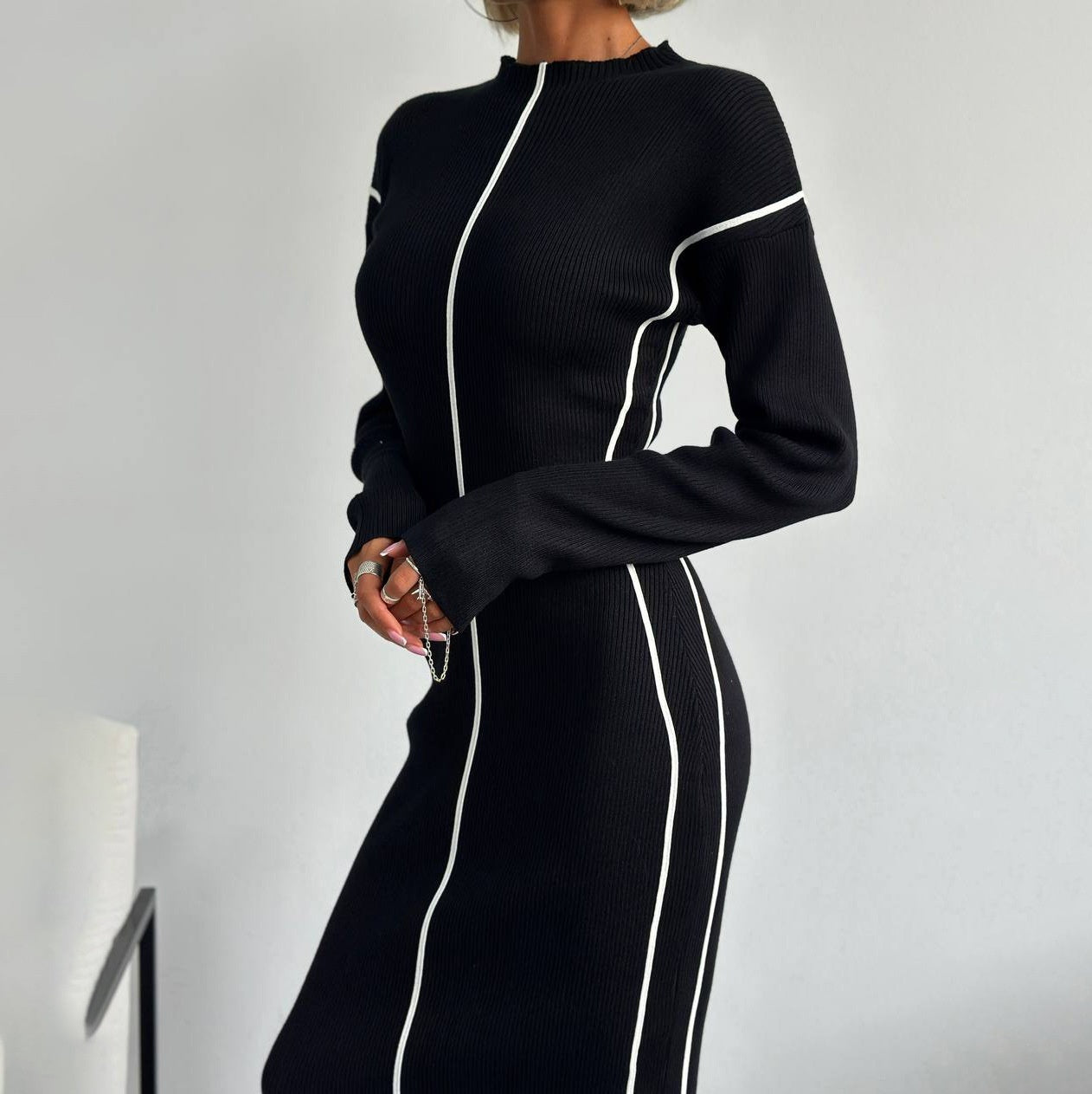 Contrasting Color Thread Sweater Long Dress Women