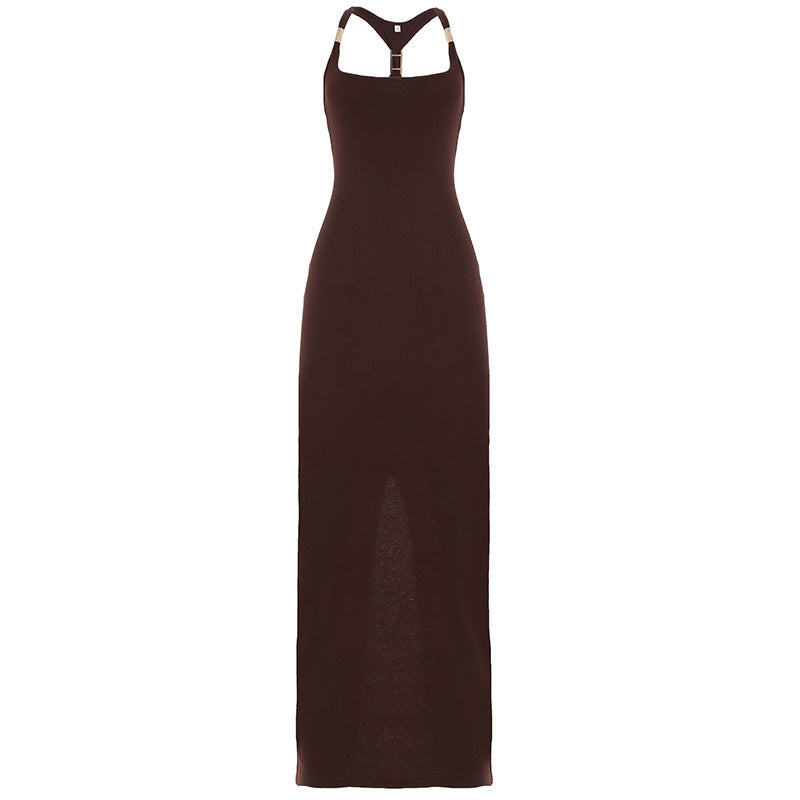 Solid Color Metal Tube Decorative Sheath Dress Fashion Elegant Halter Vest Dress