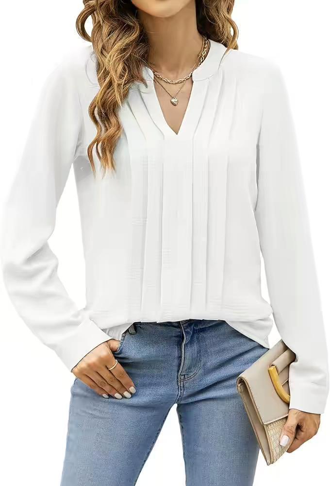 Temperament Commute Long Sleeve Solid Color Sweet Top Women's V-neck Design