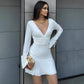 Valentine's Day Women's Solid-Color Deep V-Neck Long-Sleeve Drawstring Slim-Fit Dress