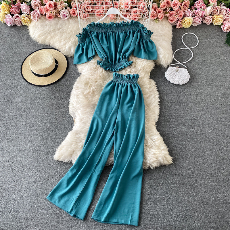 One-shoulder Off-the-shoulder Top High-waisted Wide-leg Pants Two-piece Suit
