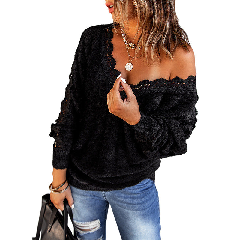 Autumn And Winter New Style Solid Color Lace V-leader Hollow Knit Top Women