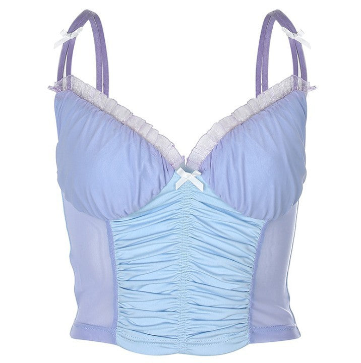 Mesh Pleated Bowknot Fungus V-neck Camisole