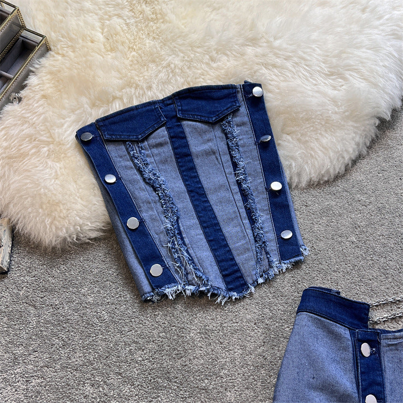 Ensemble jupe courte irrégulière en denim Desire Pure Wind avec haut tube et taille haute
