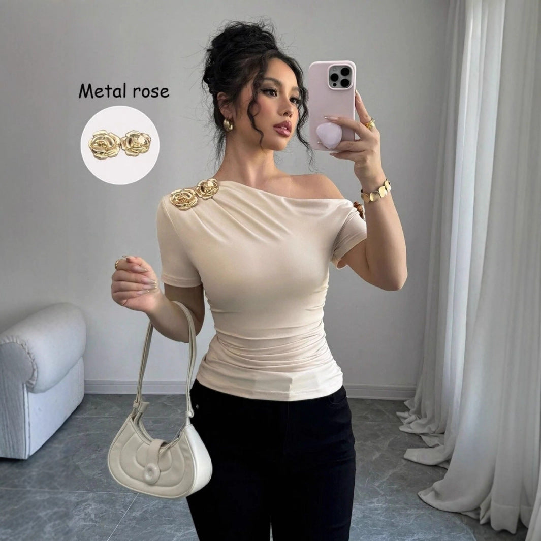 Shoulder Metal Decorative Pleating Short-sleeved T-shirt