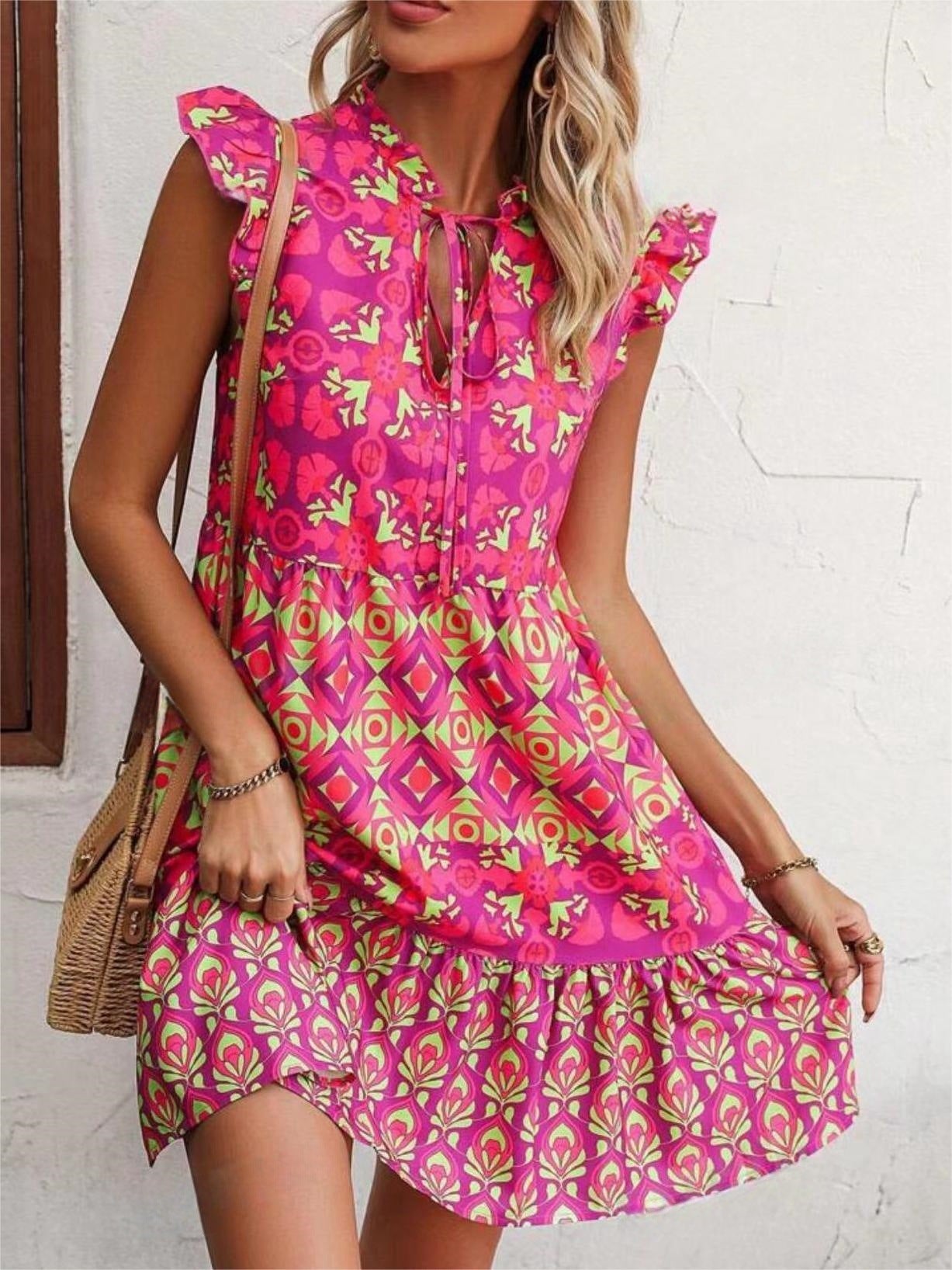 Robe imprimée sans manches, mode estivale, col en V, lacets, droite, vêtements pour femmes