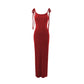 Robe fourreau plissée longue à col en U et bretelles dos nu, couleur unie