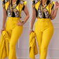 Ensemble haut et pantalon imprimé à manches volantées et ceinture, couleur unie
