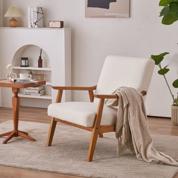 Armrests In Solid Wood, Upholstered, Teddy Velvet, Off-white, Interior Lounge Chair
