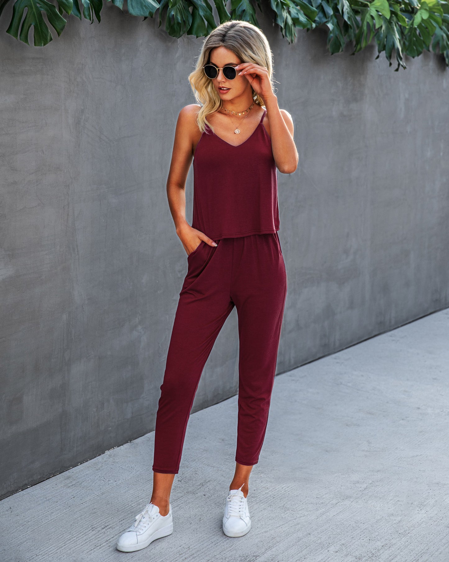 Women's Halter Solid Color Pocket Jumpsuit
