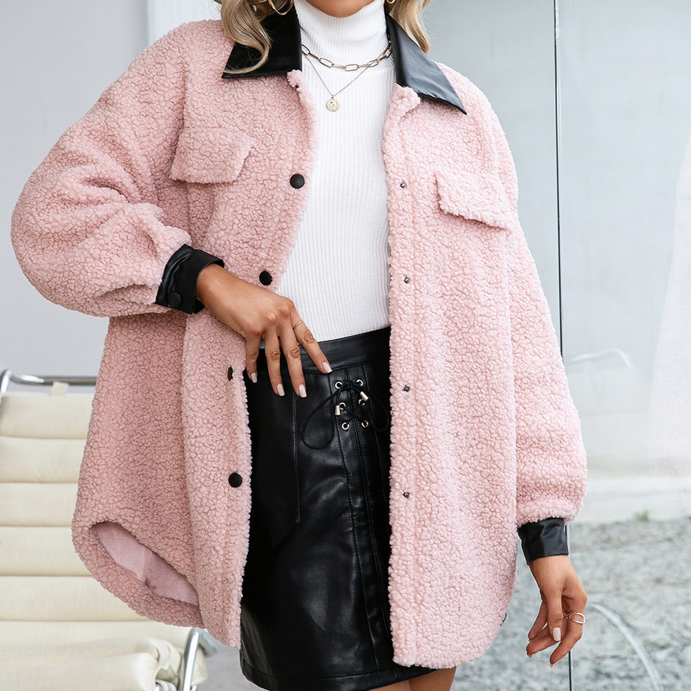 Women's Plush PU Long Single-breasted Trench Coat Top