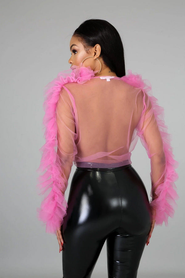 Long Sleeve Sheer Three Layer Mesh  Top Cardigan
