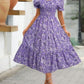 Printed Square Collar Waist-tight Puff Sleeve Layered Dress