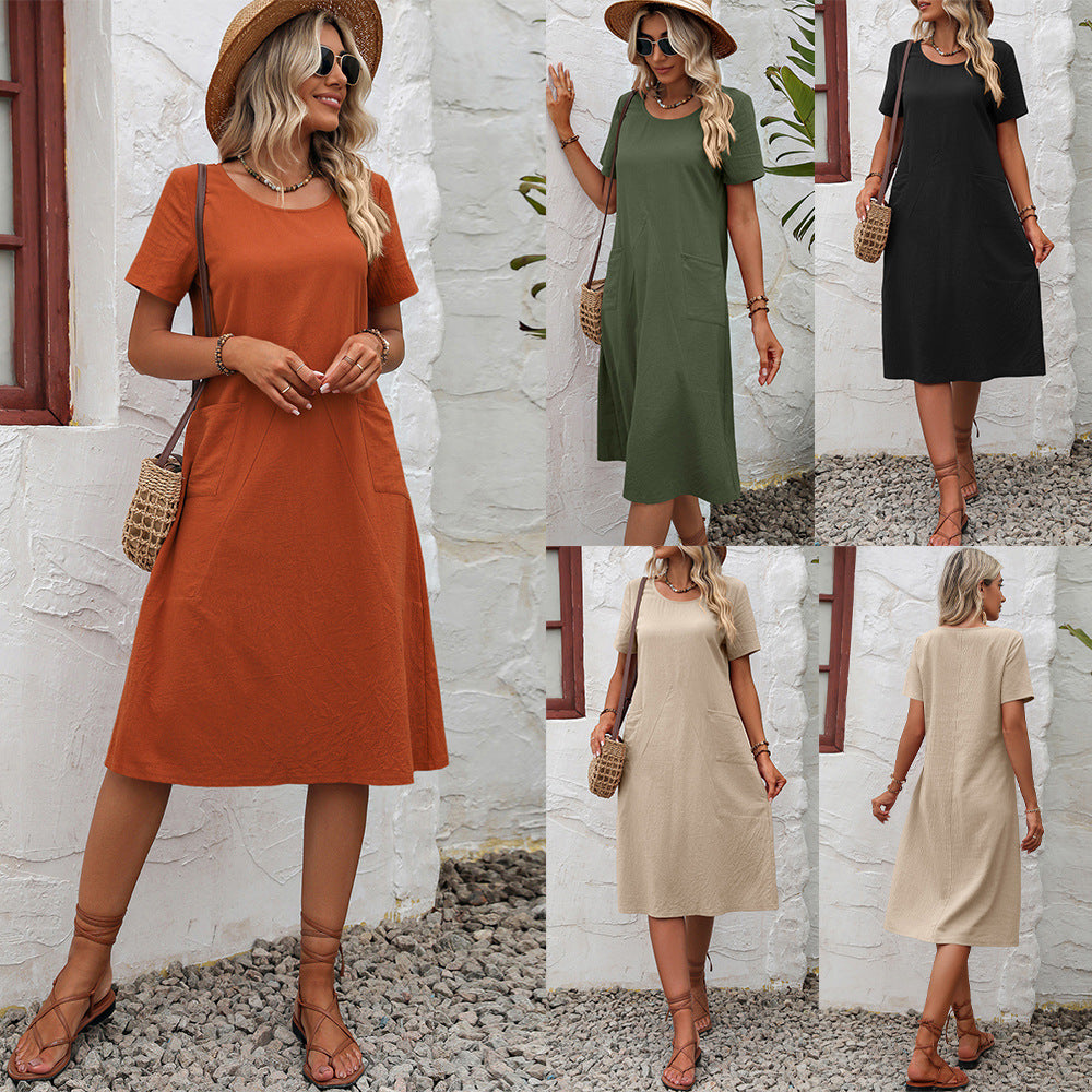 Women's Cotton And Linen Solid Color Loose Round Neck Short Sleeve Dress