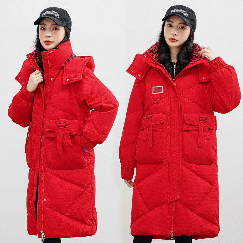 Manteau en coton avec chapeau amovible et doudoune rembourrée au-dessus du genou