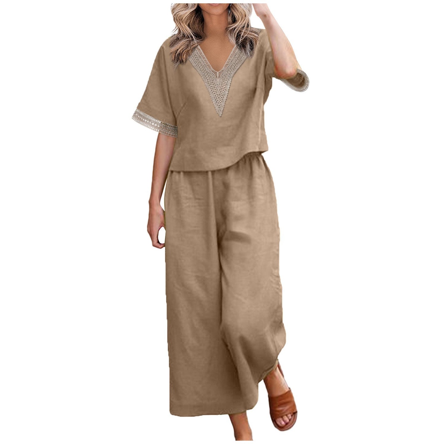 Ensemble deux pièces décontracté grande taille en coton et lin, pantalon court à col en V