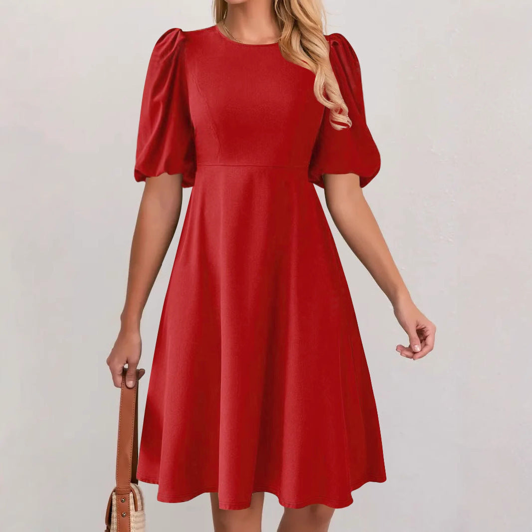 Solid-color Casual Crew-neck Puffed-sleeve Dress For Women