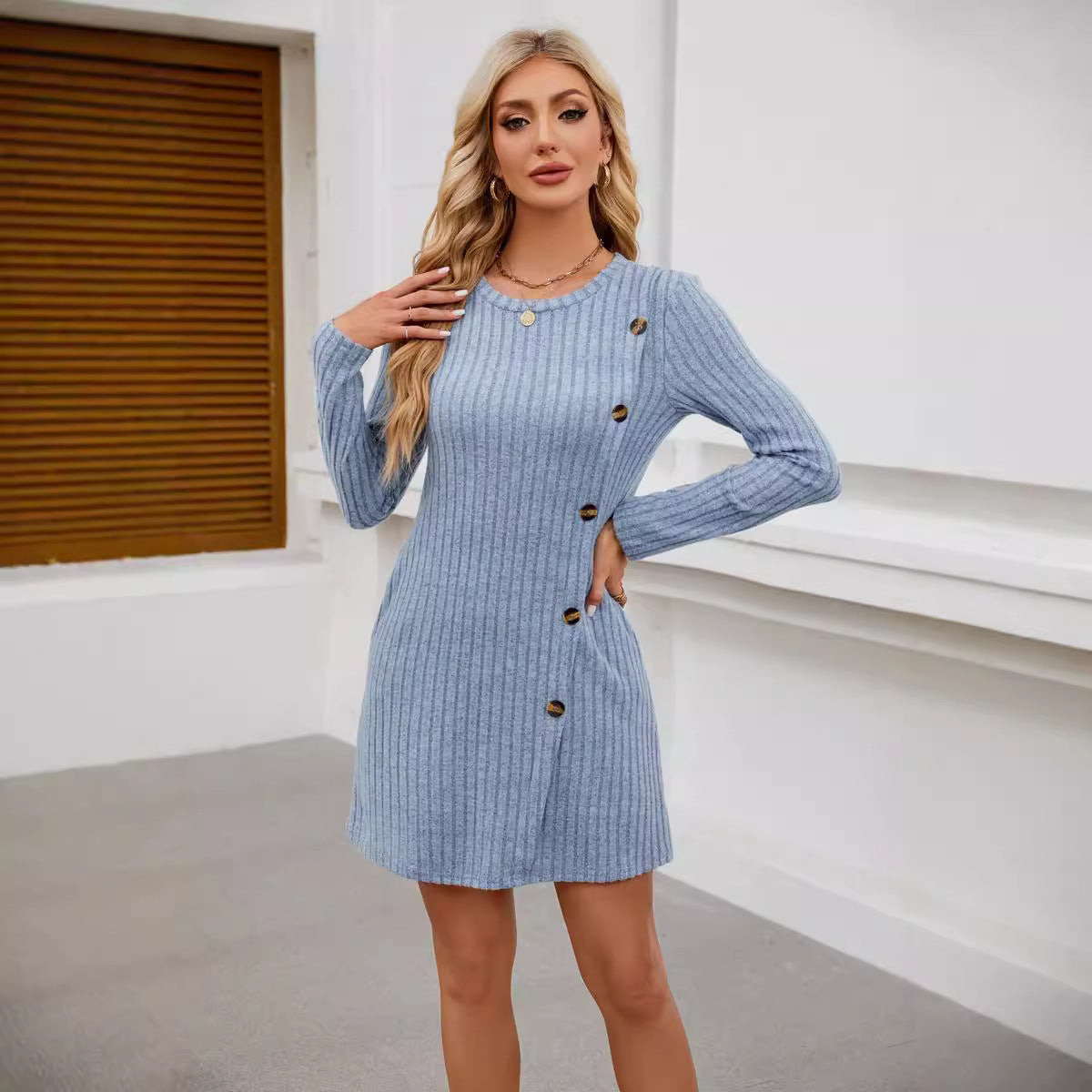 Women's Round Neck Side Button Pocket Long Sleeve Girdle Dress