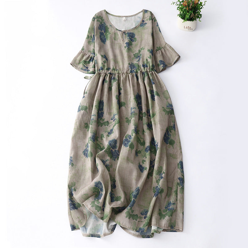 Summer Elegant Cotton And Linen Floral Belly-covering Dress
