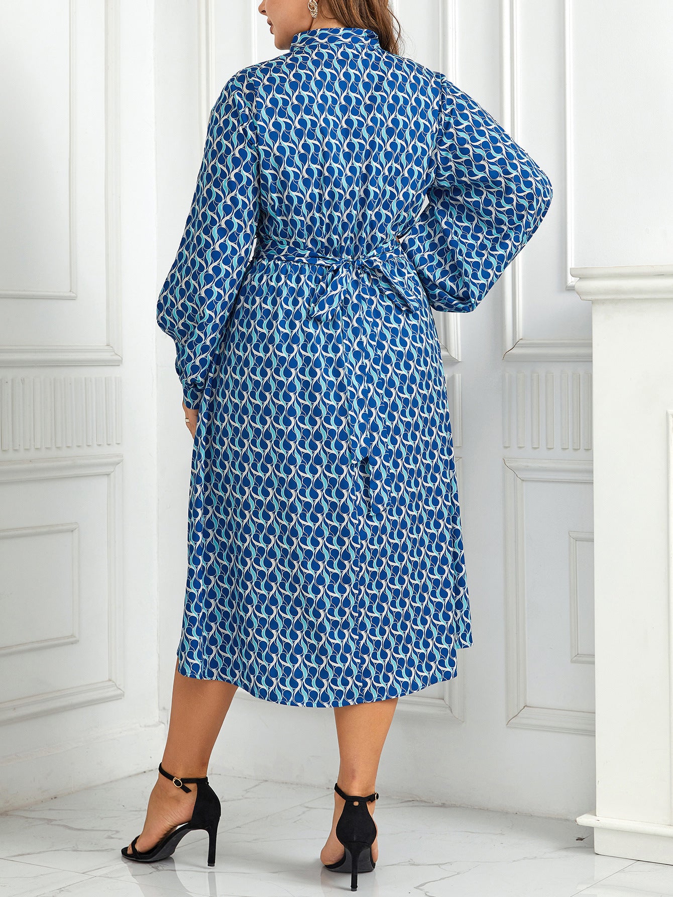 Robe à manches longues bouffantes à imprimé taille haute, style européen et américain