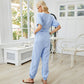 Cross V-neck Short-sleeved Pockets Casual Temperament Tie-up Jumpsuit