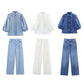 Women's Puff Sleeves Denim Shirt Jeans Suit