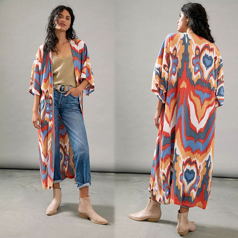 Mid Length Beach Blouse Printed Sun Protection Jacket