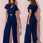 Solid Color And V-neck Waist Trimming Short-sleeved Casual Trousers Jumpsuit