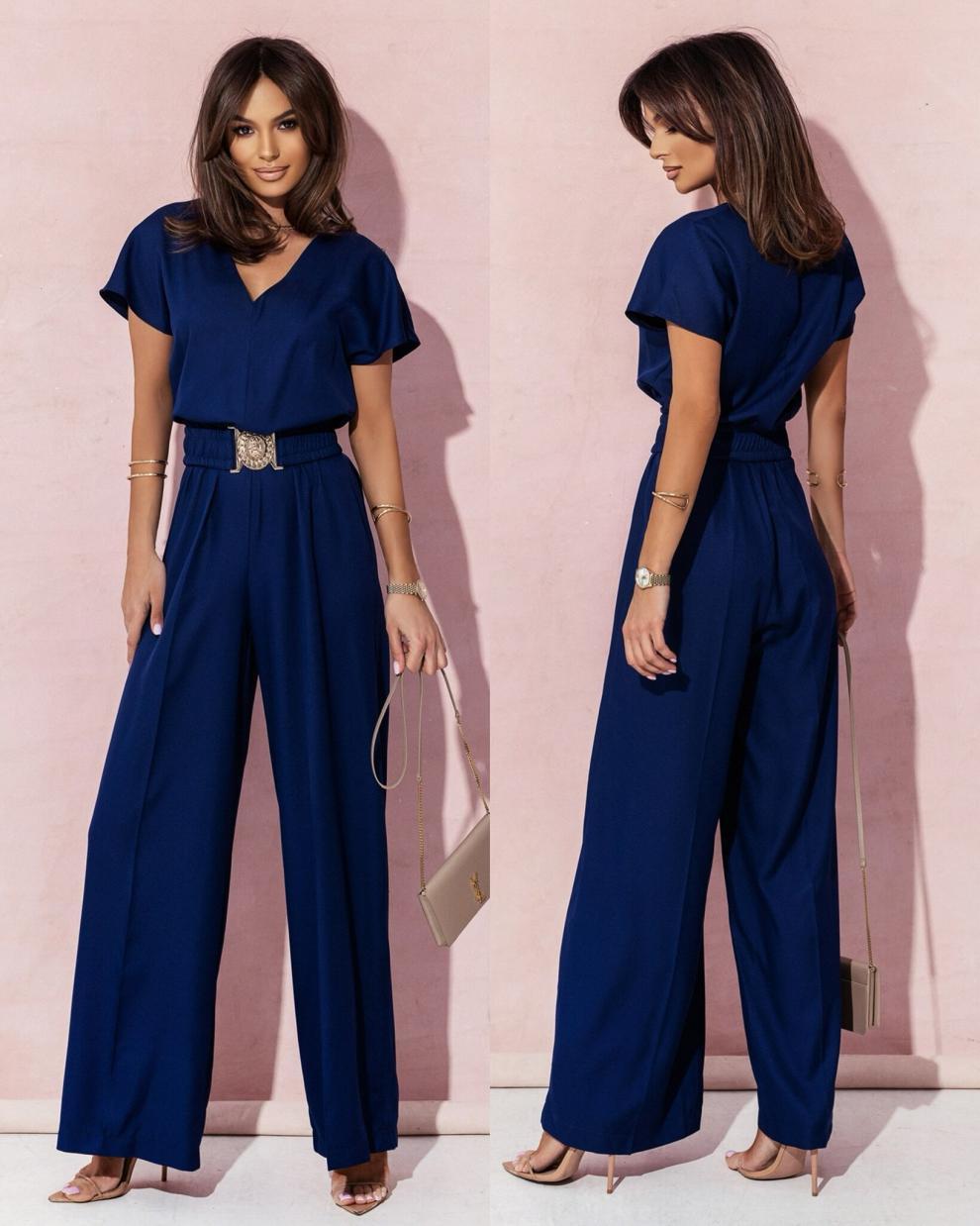 Solid Color And V-neck Waist Trimming Short-sleeved Casual Trousers Jumpsuit