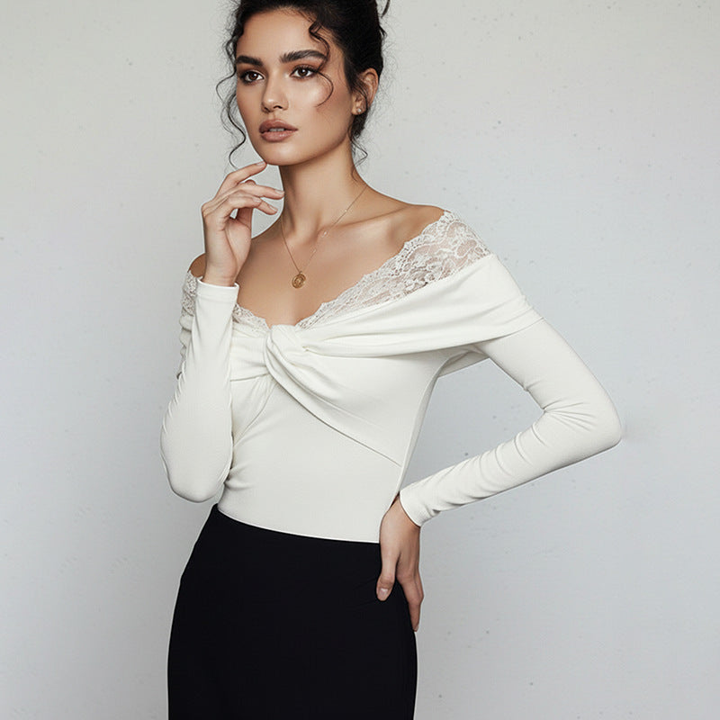 Sexy Lace-embellished Off-shoulder White Long-sleeve Bodycon Jumpsuit