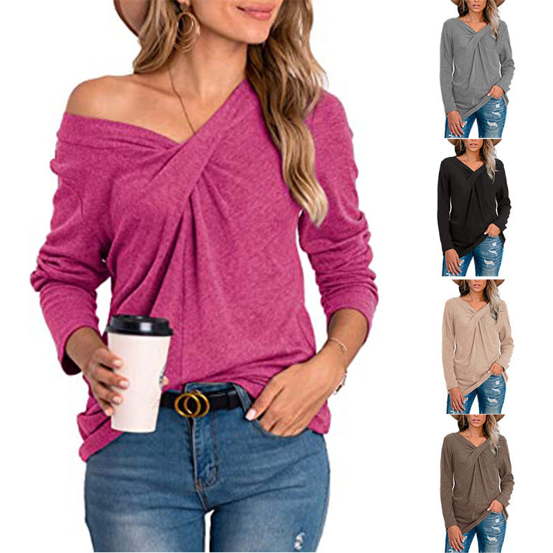 New V-Neck Long Sleeve Neck Twist Casual T-Shirt