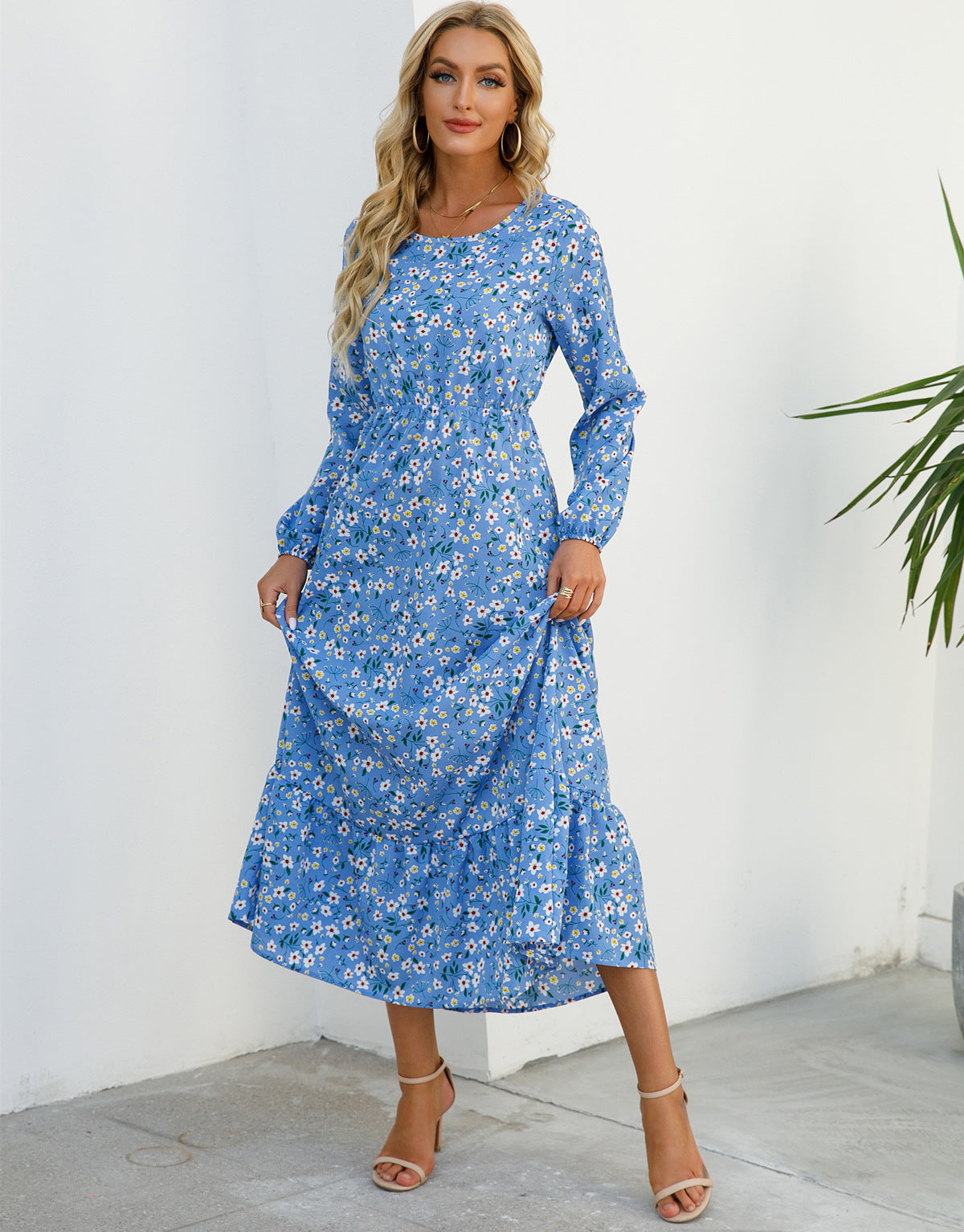 Womens Versatile Round-neck Floral Chiffon Dress