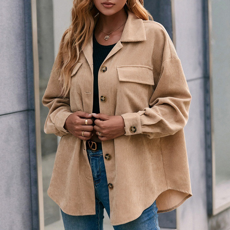 Corduroy Lapel Single Breasted Long Sleeve Tuxedo Shirt Jacket
