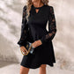 Robe élégante noire à col rond et manches longues en dentelle pour femme, ourlet évasé et fin