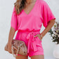 Women's V-neck Short Sleeve Waist Tie Loose Jumpsuit
