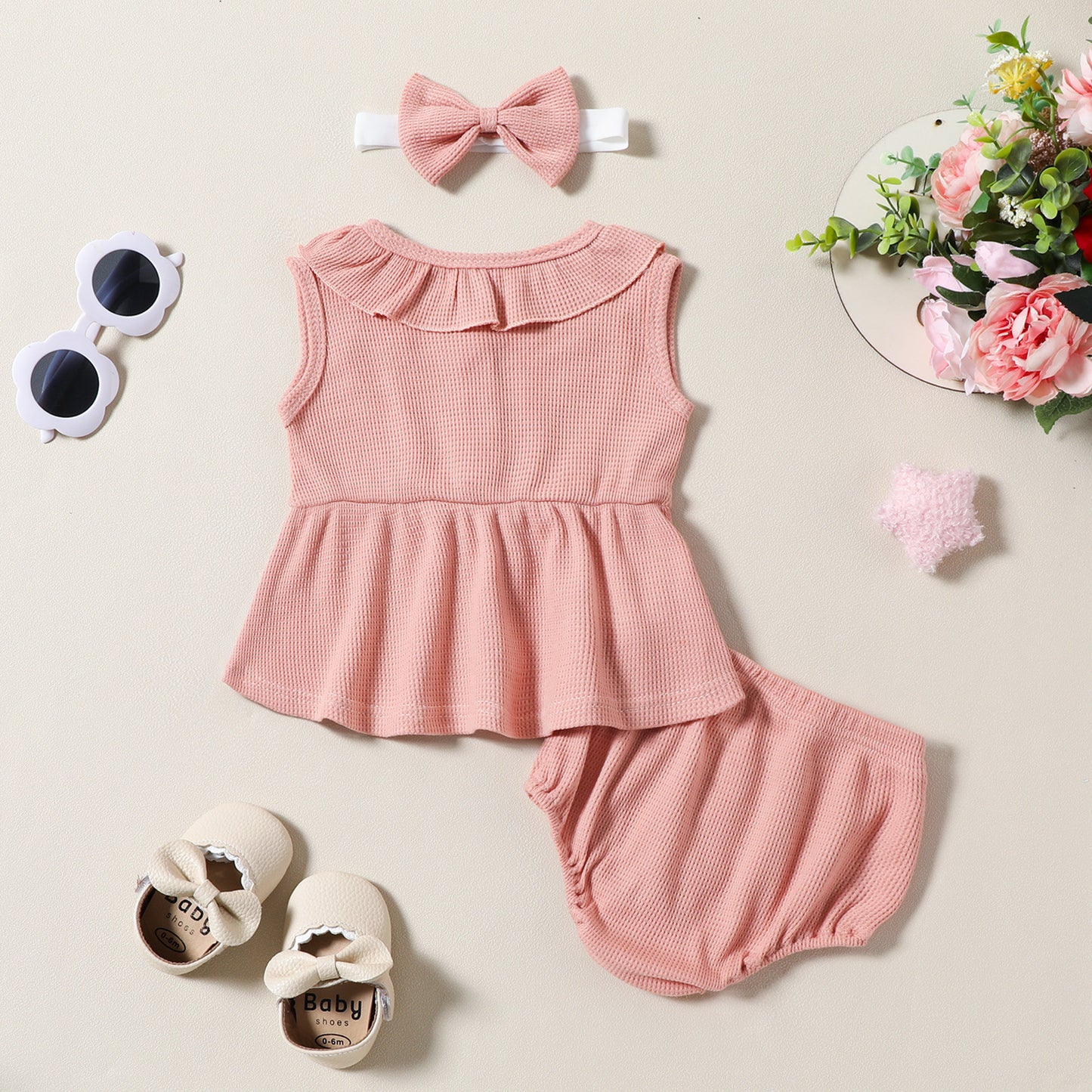 Ensemble trois pièces pour fille, robe sans manches, haut, short, coiffe, motif gaufré