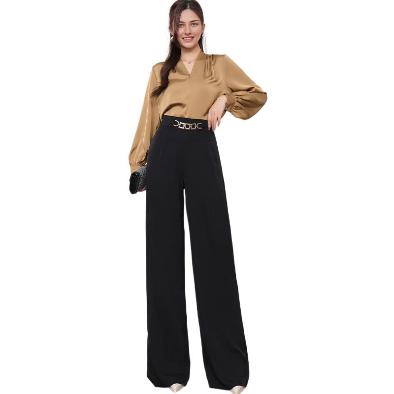 Solid Color Drape Fashionable Wide Leg Pants Women