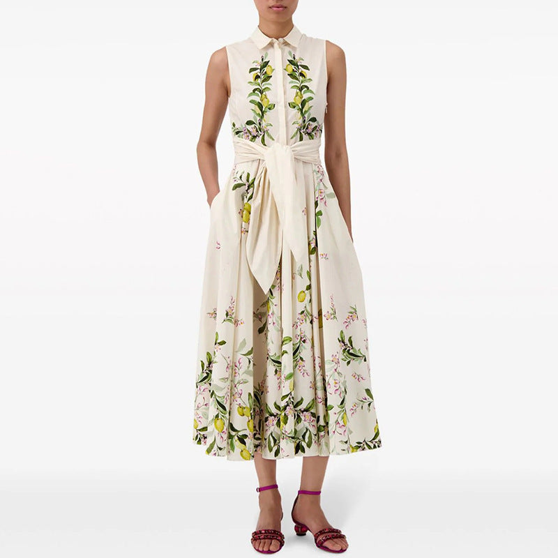 Robe rétro artistique sans manches à revers, imprimée, à lacets, taille ajustée, amincissante, pour femmes