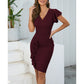 V-neck Pleated Elegant Office Lady Sheath Skirt Dress